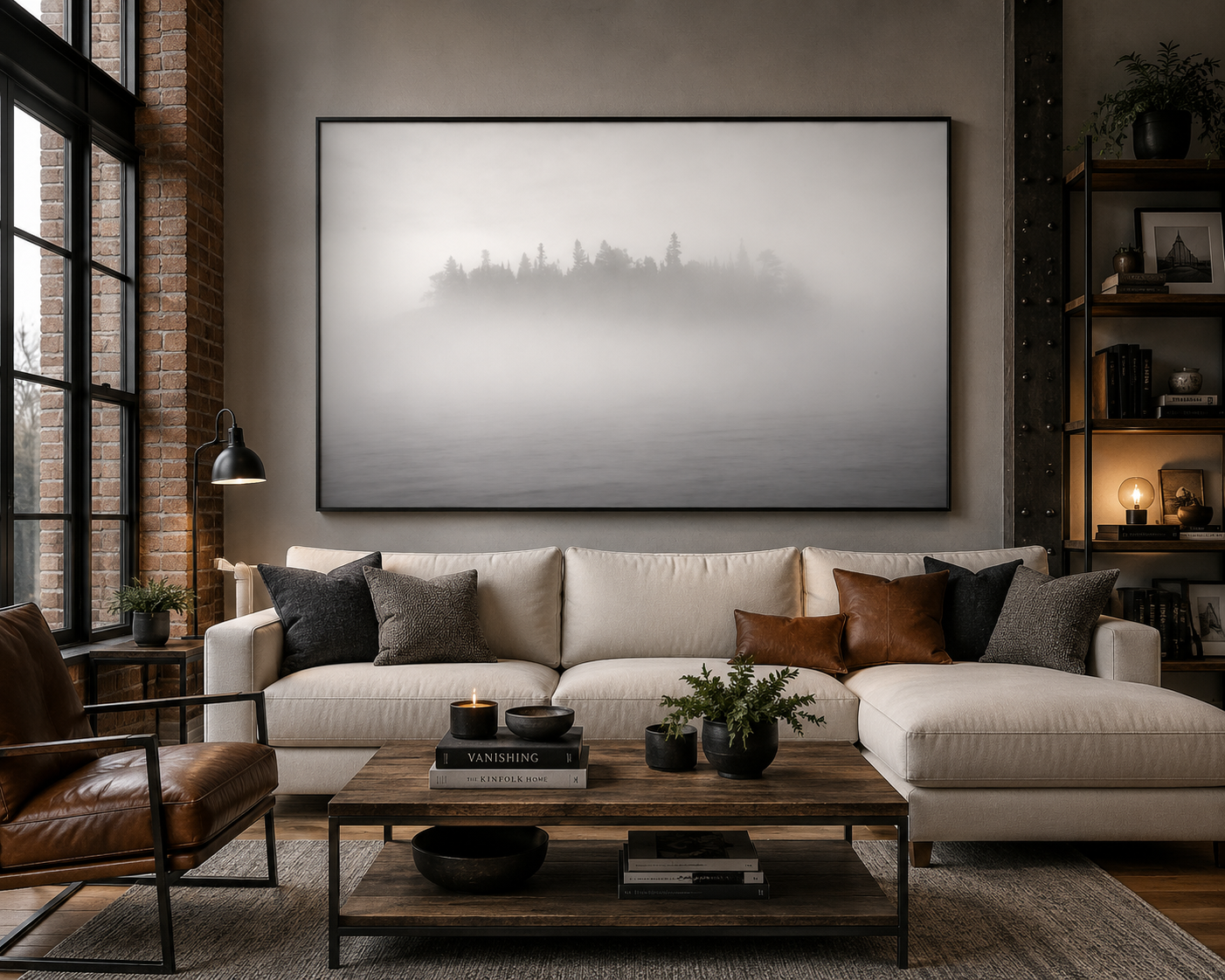 Large foggy island landscape wall art above a sectional couch in a modern living room